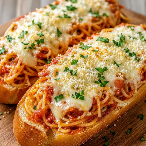 Spaghetti-stuffed garlic bread subs with melted cheese and parsley
