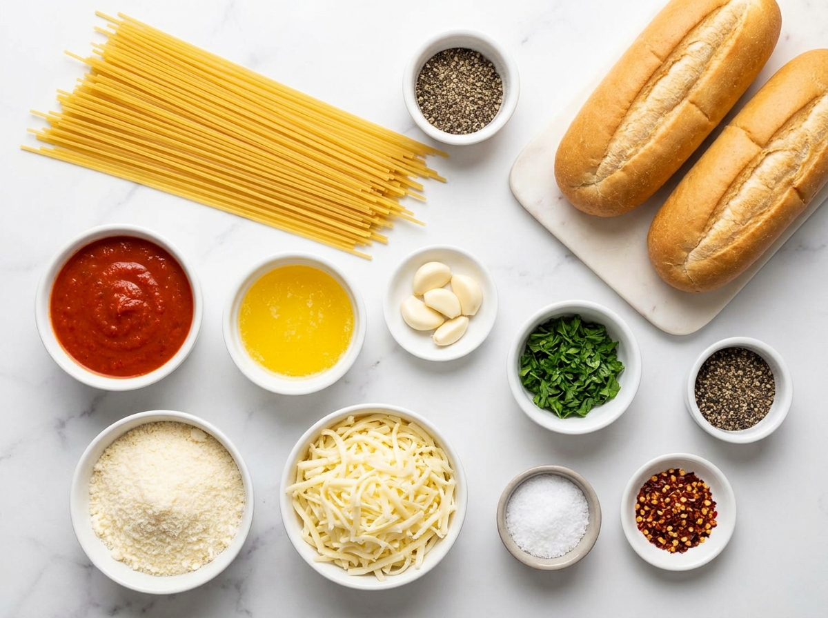 Ingredients for spaghetti-stuffed garlic bread subs on a wooden surface