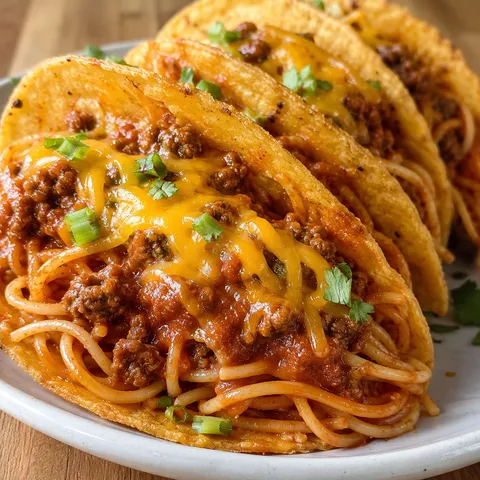 Spaghetti tacos with ground beef, cheddar, and scallions in crunchy shells