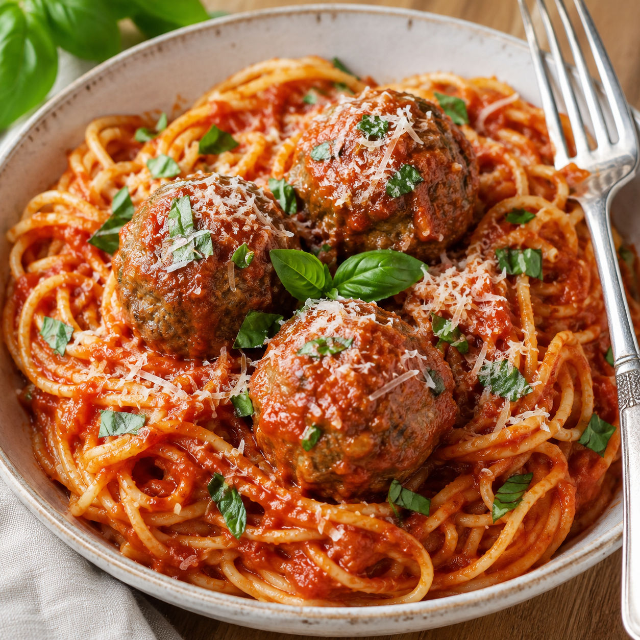 Spaghetti and meatballs with marinara, parmesan and basil in a shallow bowl