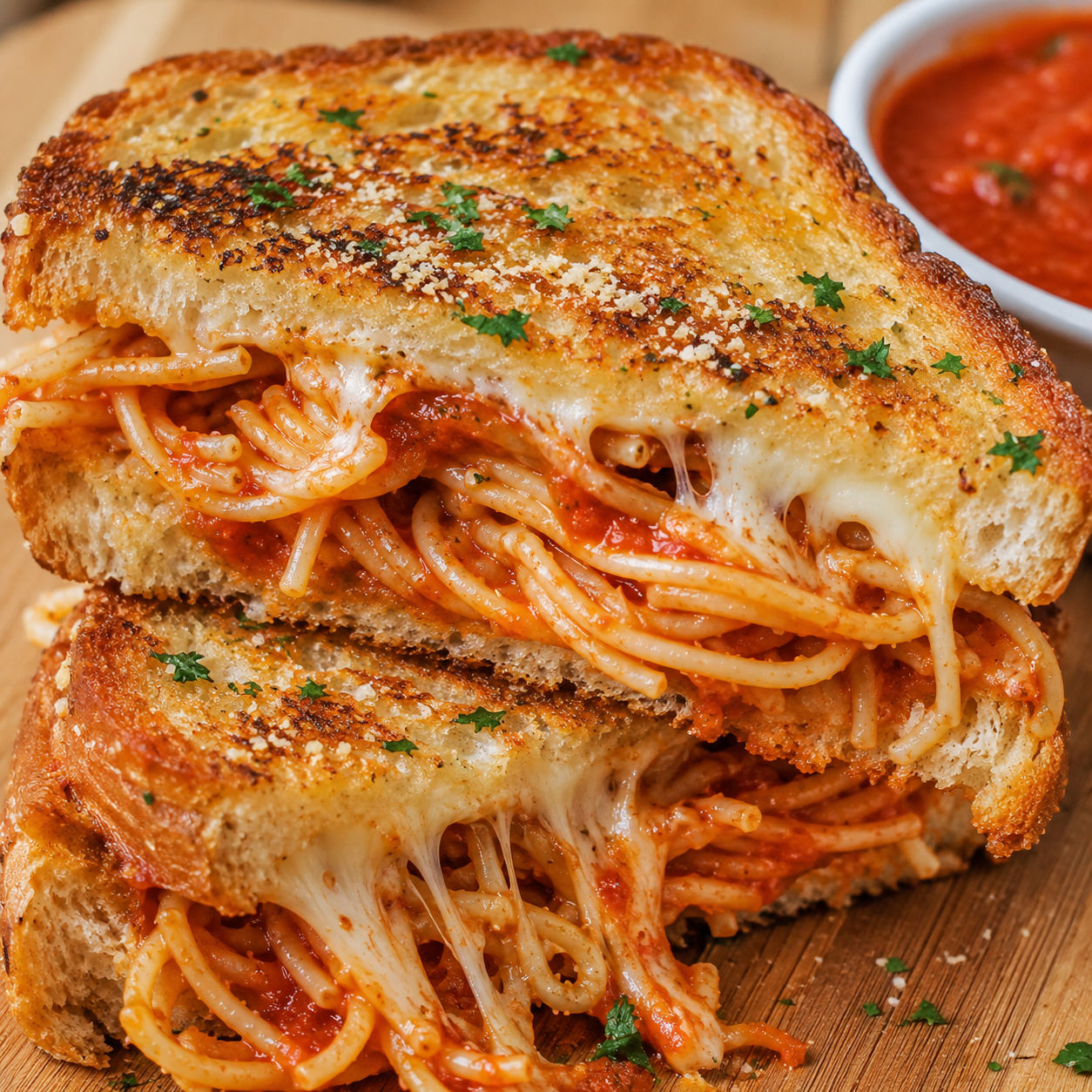 Spaghetti grilled cheese on garlic bread with melted cheese and marinara