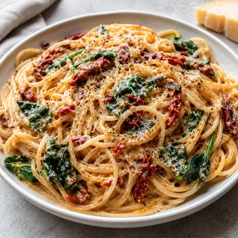 Spaghetti with spinach and sun-dried tomato cream sauce in a white bowl