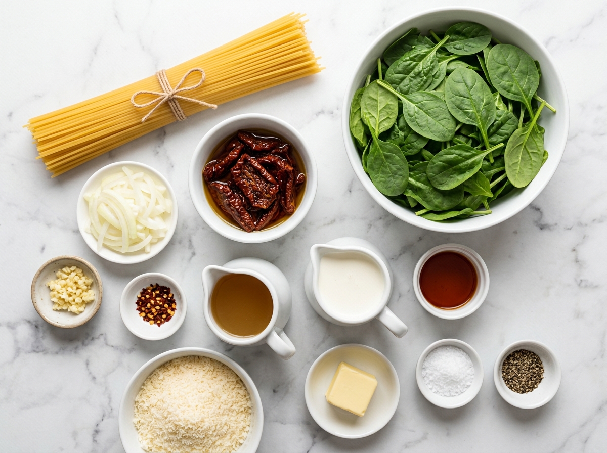 Ingredients for spinach sun-dried tomato cream spaghetti on a counter