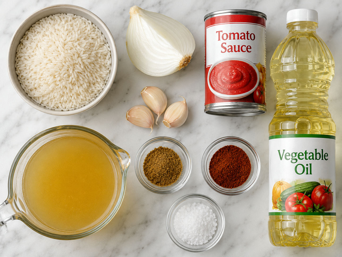 Raw ingredients for Spanish rice including rice, tomato sauce, garlic, onion, and spices on a wooden board