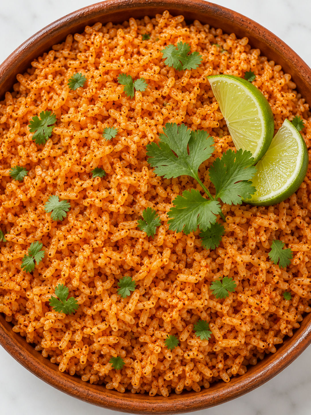 Overhead terracotta bowl of Spanish rice topped with fresh cilantro and lime wedges