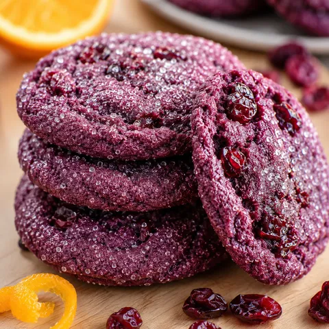 Sparkling purple cranberry orange cookies stacked with sanding sugar