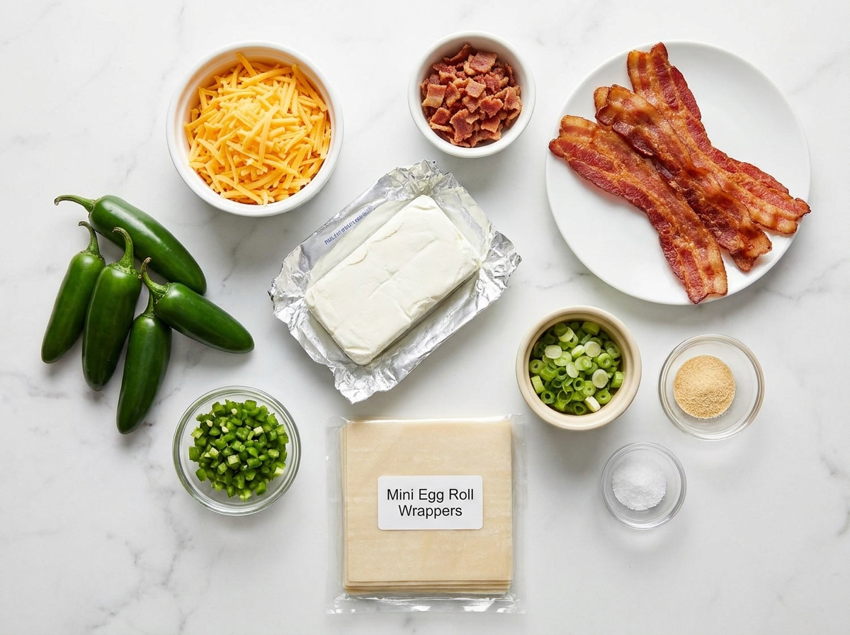 Raw ingredients for mini jalapeño popper egg rolls including cream cheese, cheddar, jalapeños, bacon, and wrappers on marble