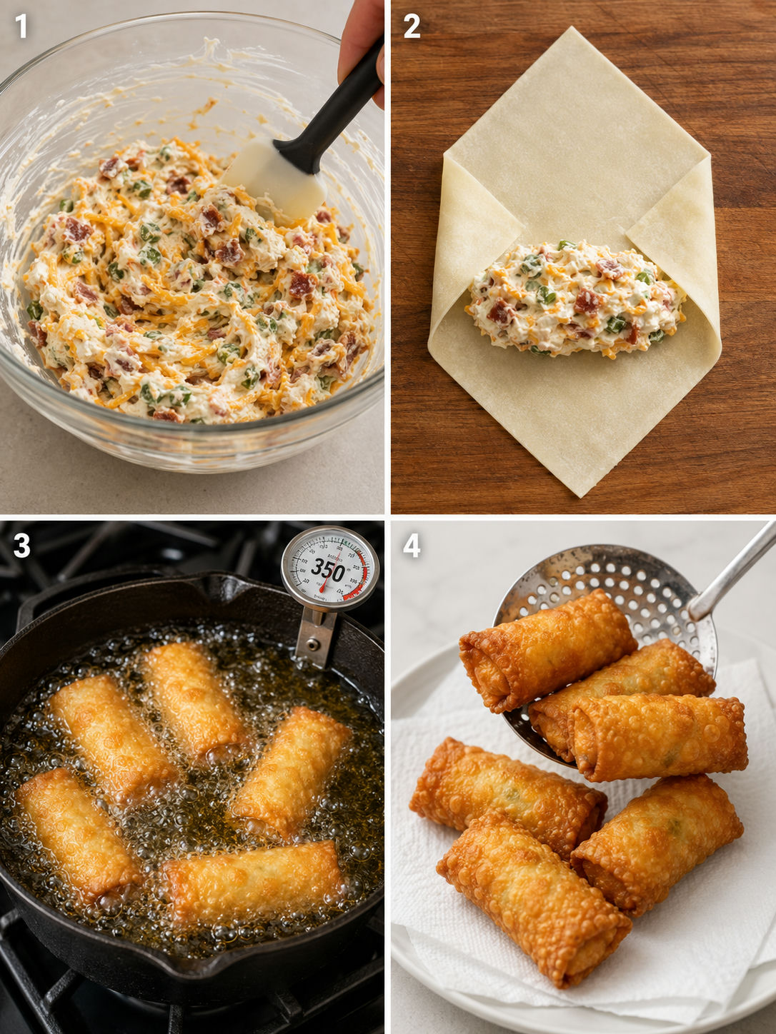 Four cooking steps for mini jalapeño popper egg rolls: mixing the filling, wrapping, frying in oil, and draining