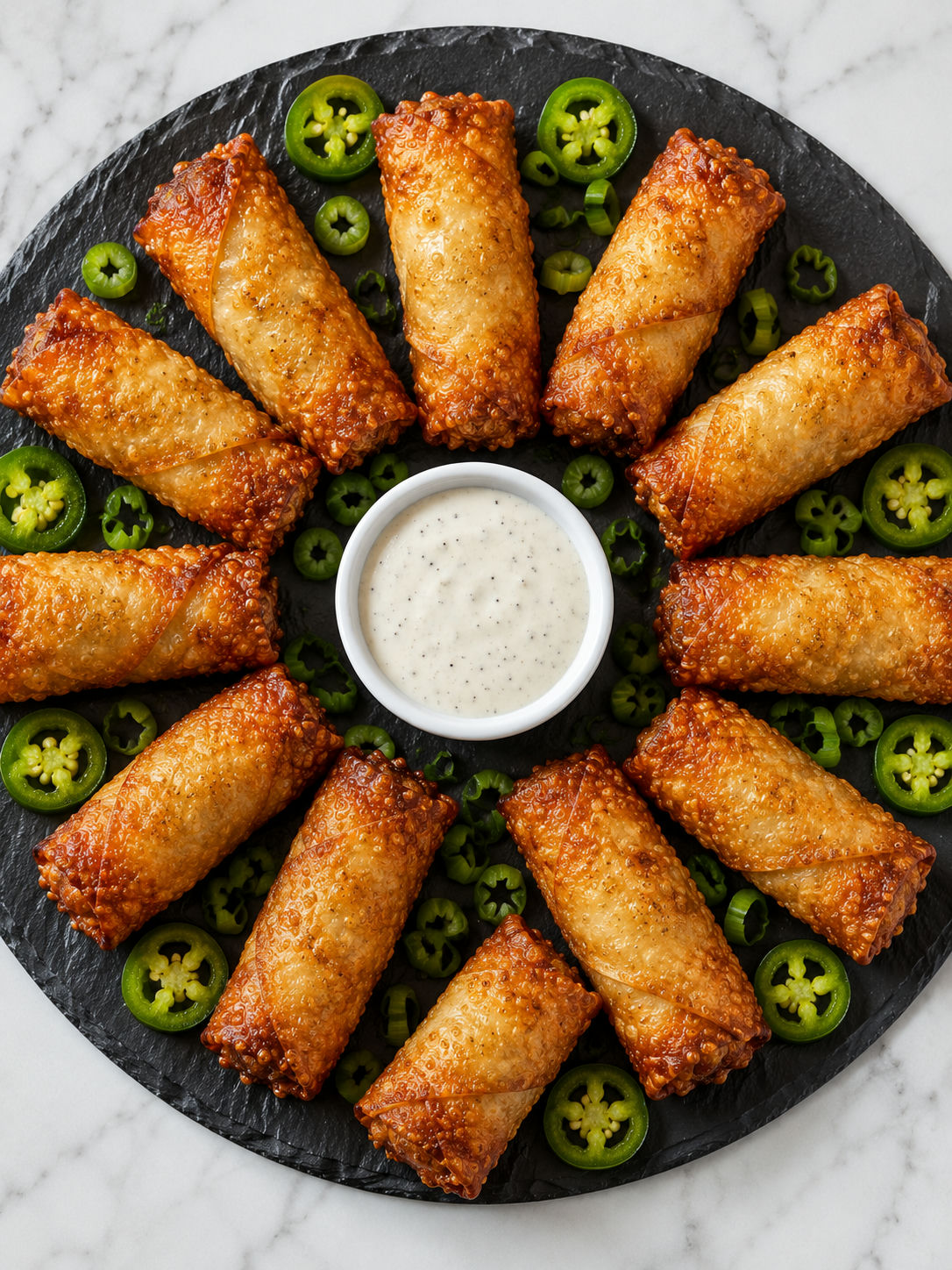 Top-down view of crispy mini jalapeño popper egg rolls fanned on a dark slate board with a ranch dipping ramekin