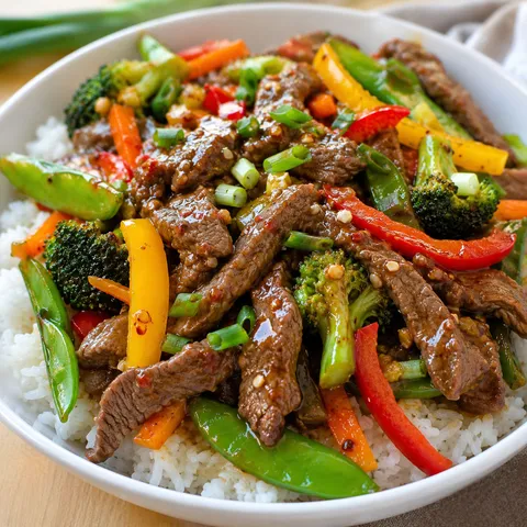 Spicy beef and veggie stir fry with broccoli, peppers, and snap peas