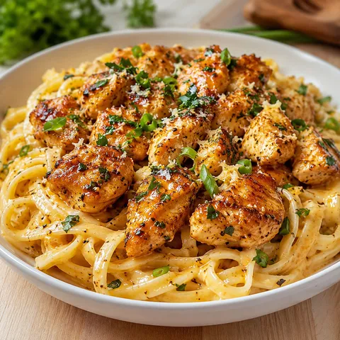 Cajun honey butter chicken pasta with creamy fettuccine and parsley