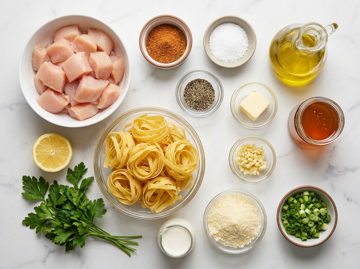 Ingredients for Cajun honey butter chicken pasta on a wooden surface