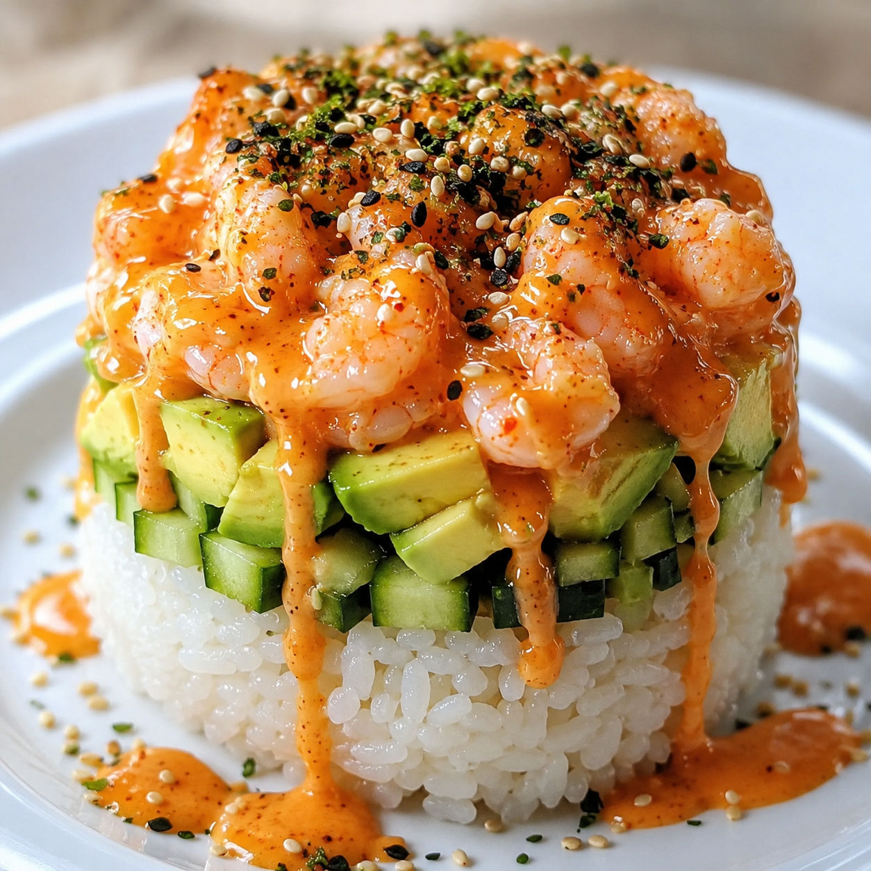 Spicy California shrimp stack with avocado and cucumber on a white plate