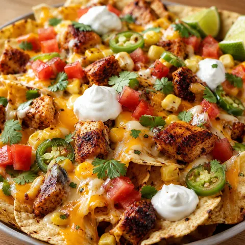 Spicy blackened chicken nachos with melted cheese, jalapenos, and sour cream