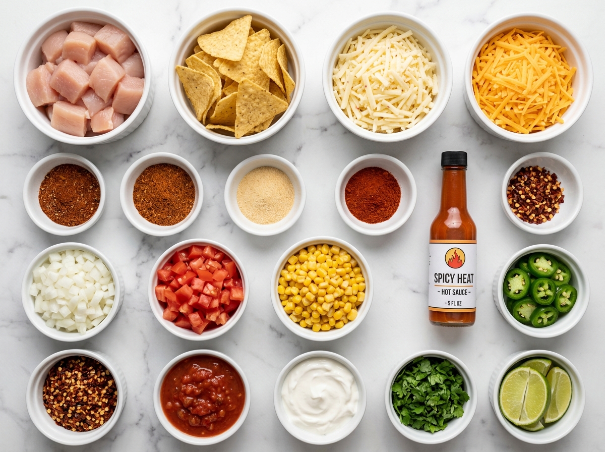 Ingredients for spicy blackened chicken nachos with chips, cheese, and jalapenos