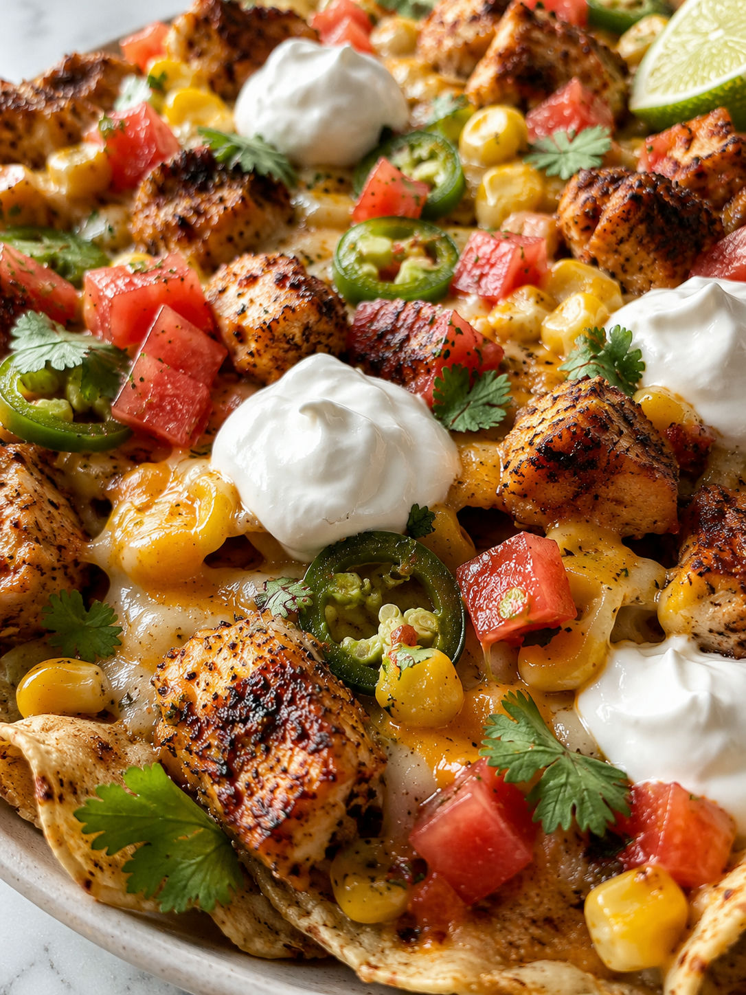 Spicy Cheesy Blackened Chicken Nachos, plated and served