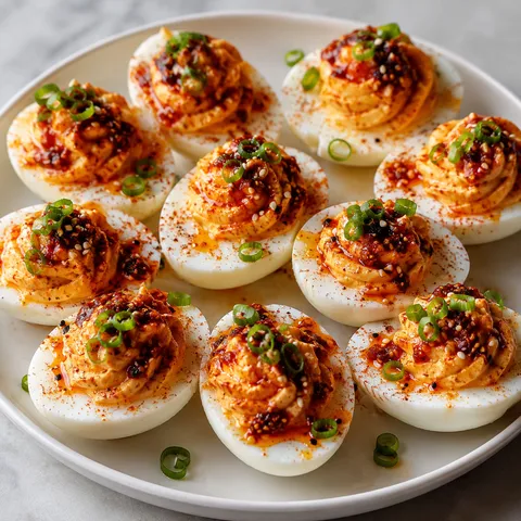 Spicy chili garlic deviled eggs with chili crisp and scallions