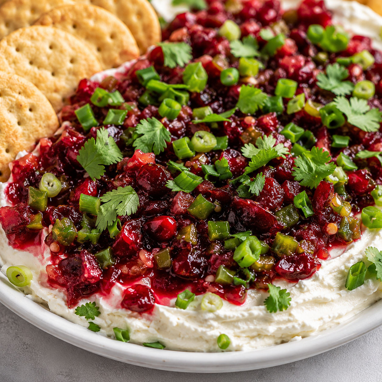 Cranberry jalapeno cream cheese dip with crackers and green garnish