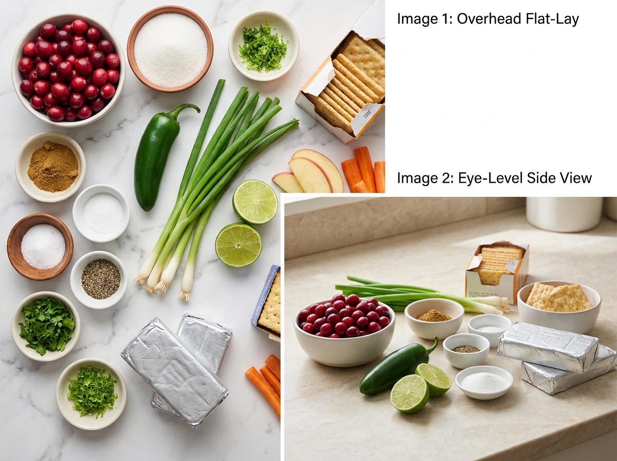 Ingredients for cranberry jalapeno cream cheese dip on a light counter