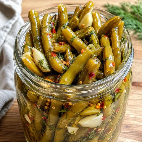 Spicy dilly beans in a glass jar with garlic, dill, and red pepper flakes