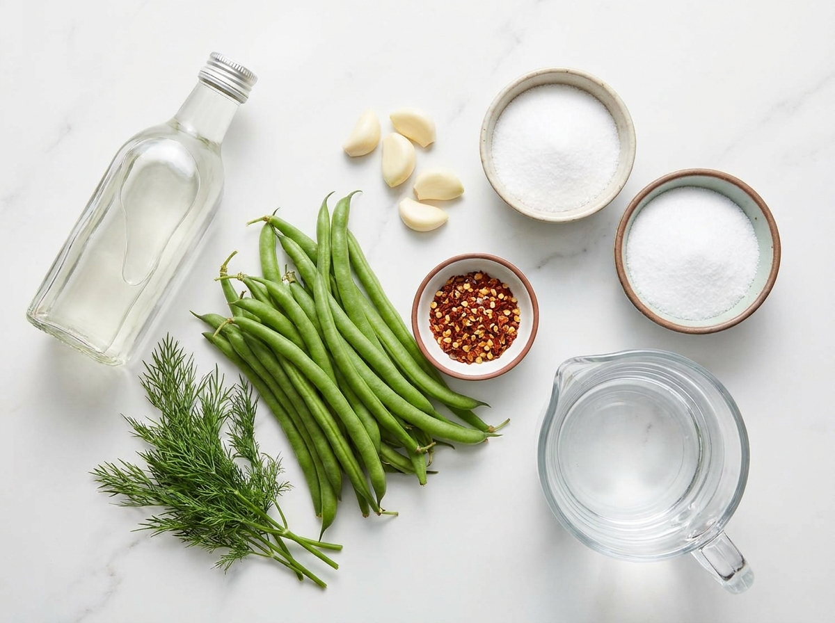 Green beans, dill, garlic, vinegar, salt, and red pepper flakes for dilly beans
