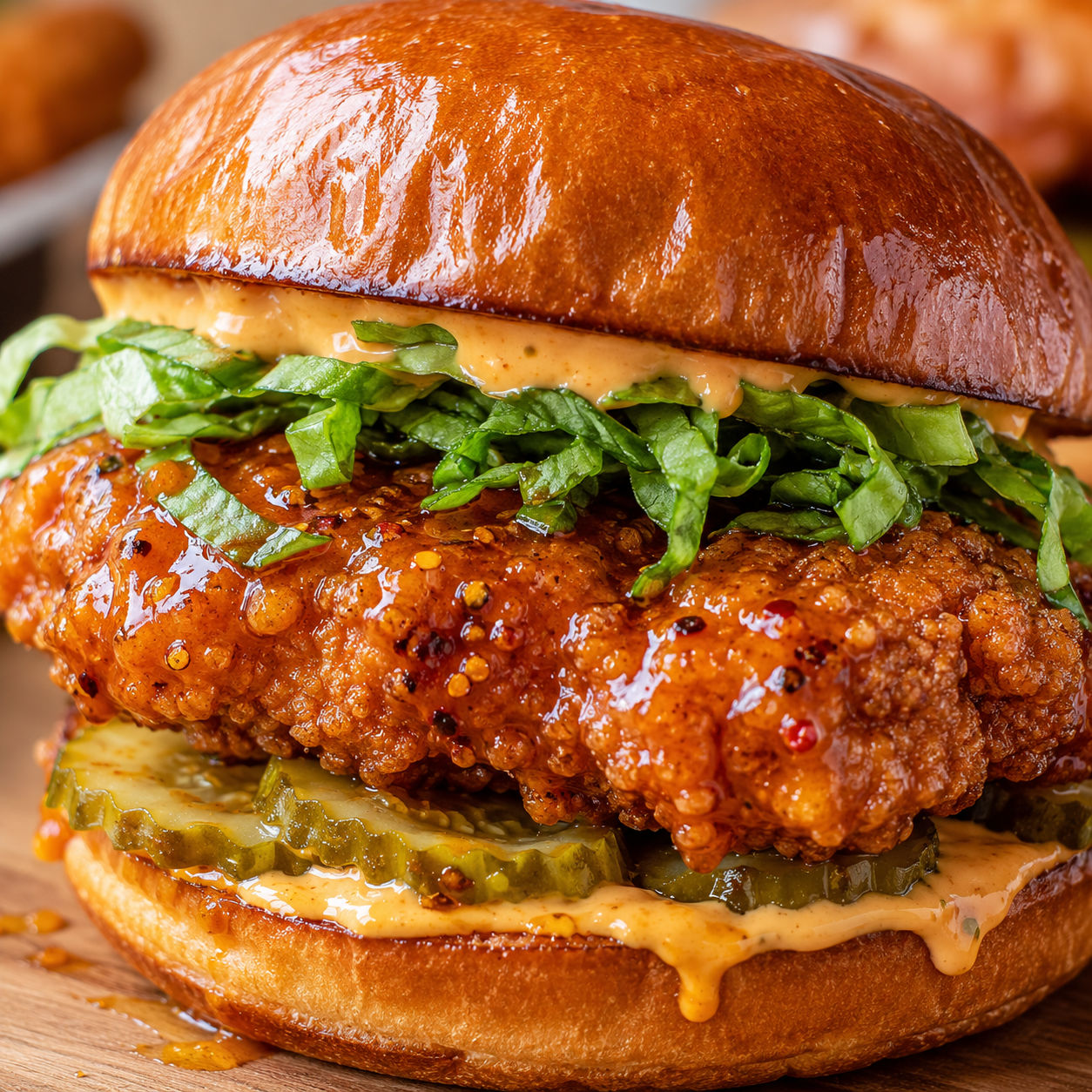 Spicy hot honey fried chicken sandwich on a toasted brioche bun with pickles and spicy mayo