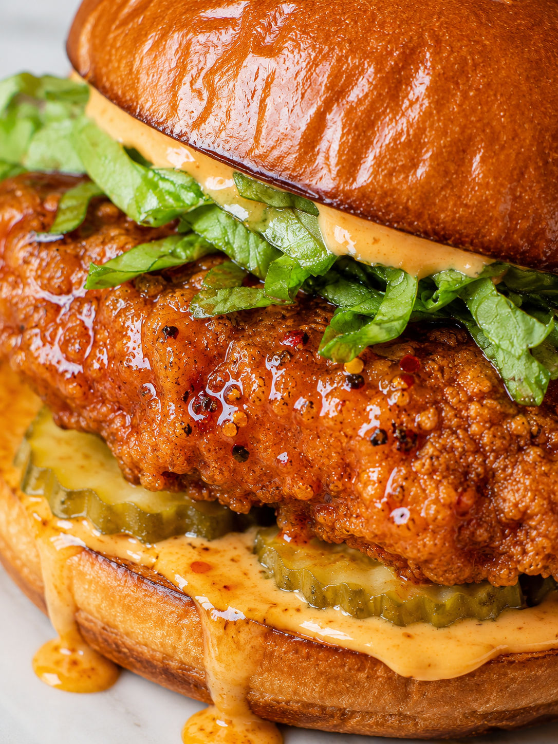 Spicy Hot Honey Fried Chicken Sandwich, plated and served