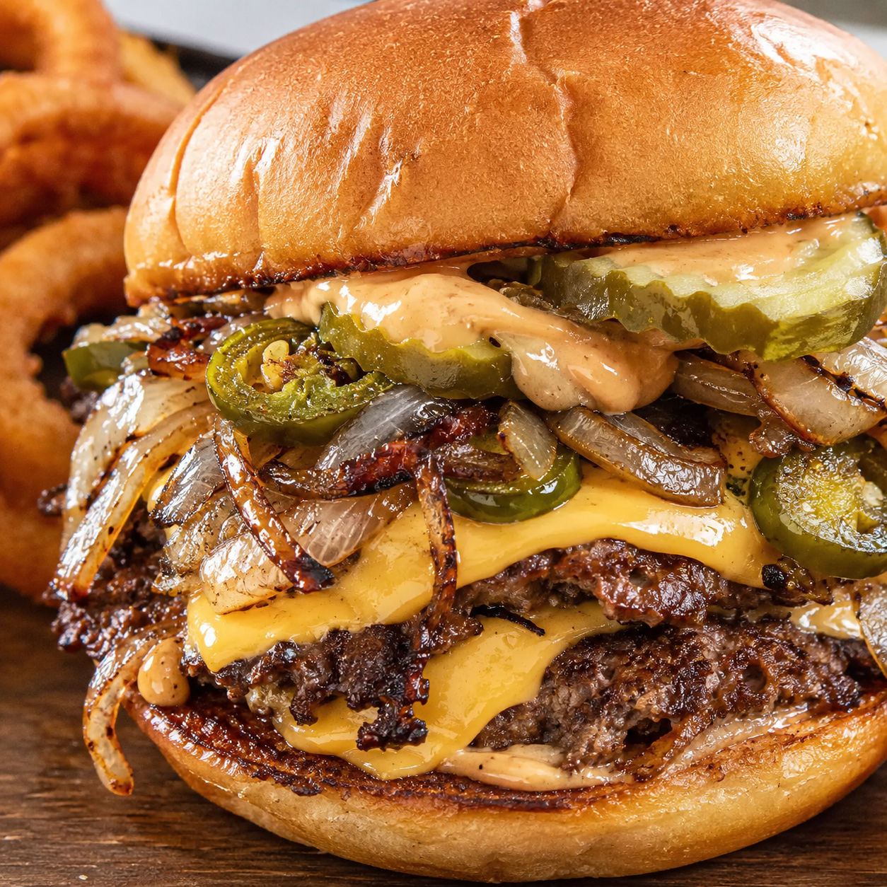 Spicy jalapeño-onion smash burger with melted cheese and pickles