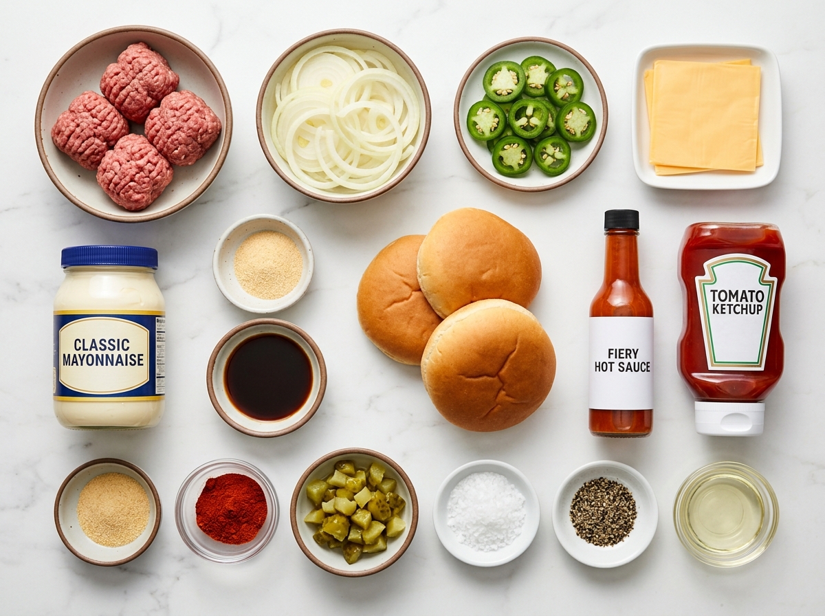 Ingredients for jalapeño-onion smash burgers with beef, buns, cheese, and peppers