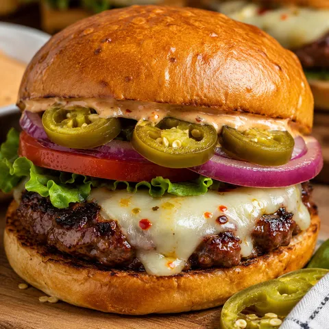 Spicy jalapeño pepper jack burger with melted cheese and pickled peppers