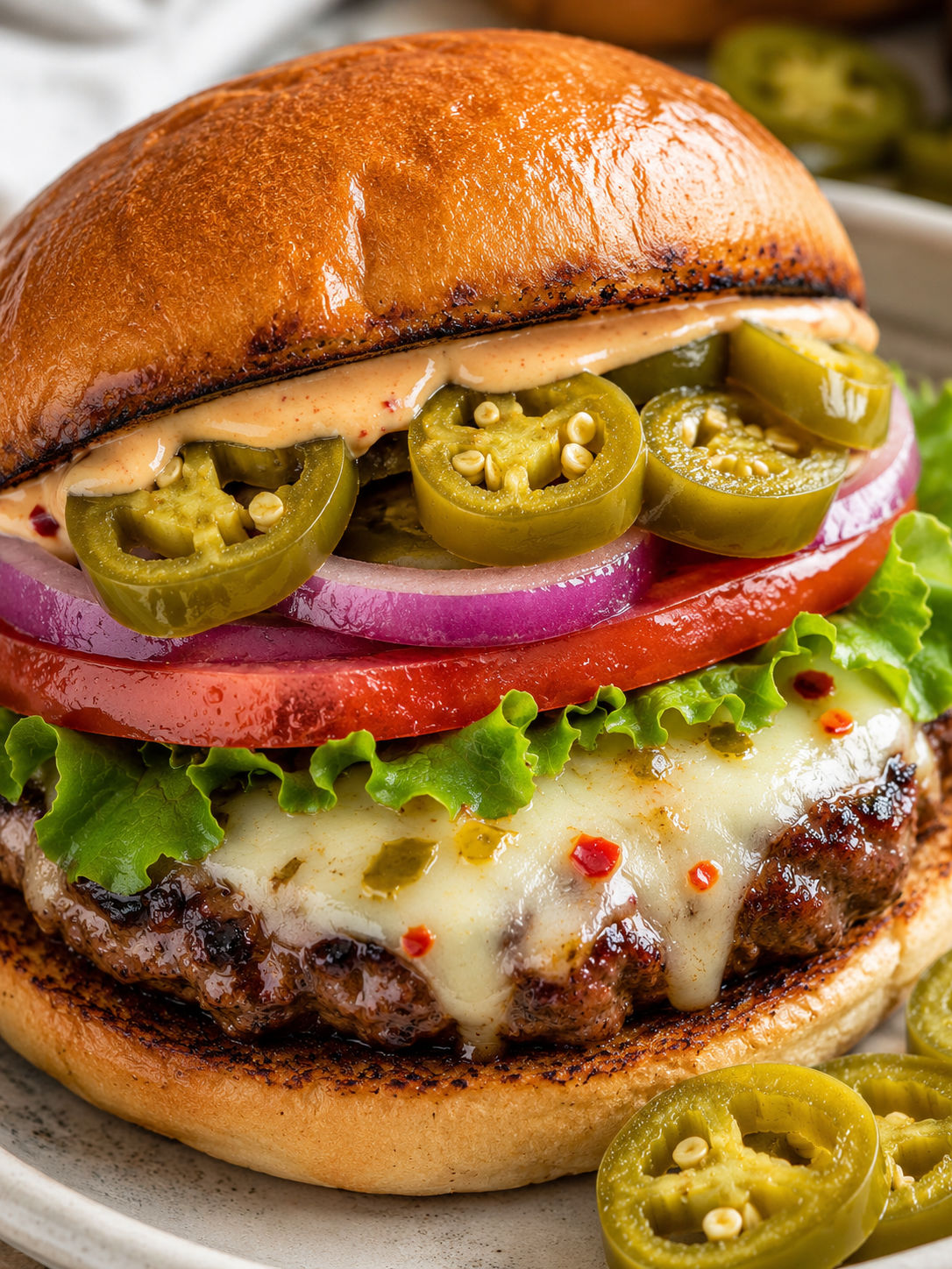 Spicy Jalapeño Pepper Jack Burgers, plated and served