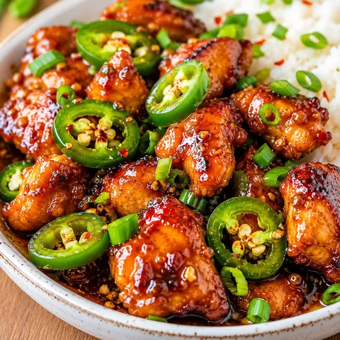 Spicy Jalapeno Chicken with glossy sauce and sliced jalapenos in a white bowl