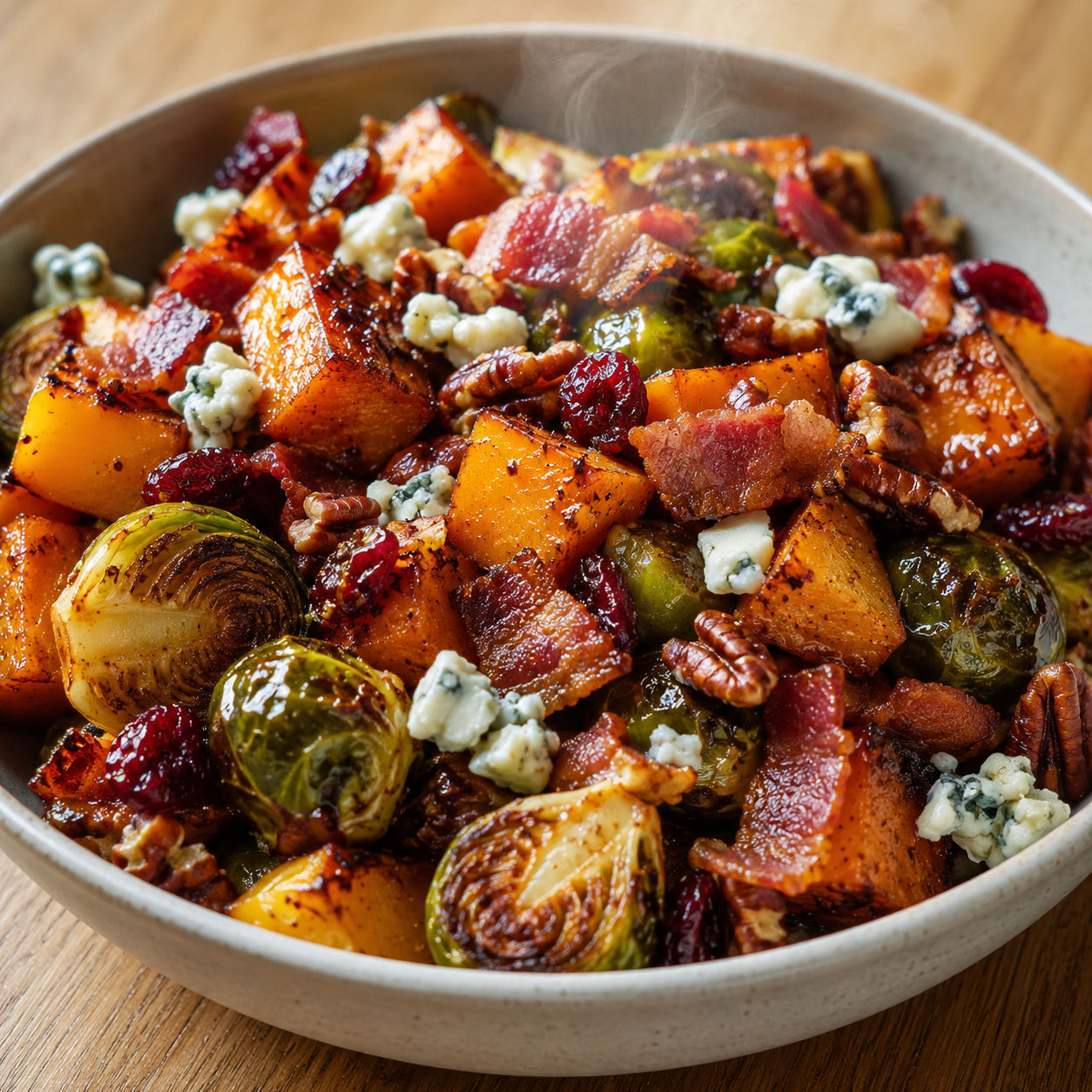 Roasted butternut squash and brussels sprouts with crispy bacon and maple glaze in a bowl