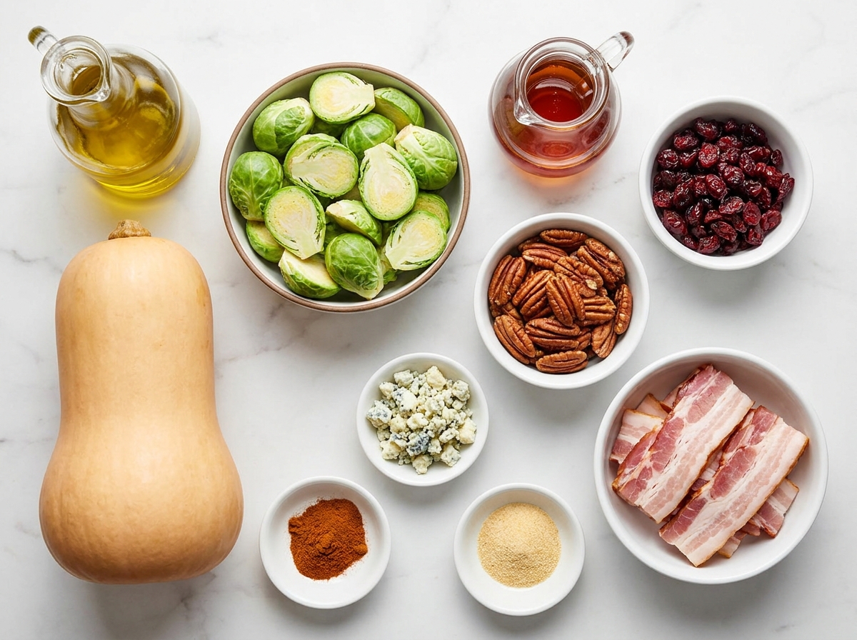 Raw ingredients for maple roasted butternut squash brussels sprouts and bacon