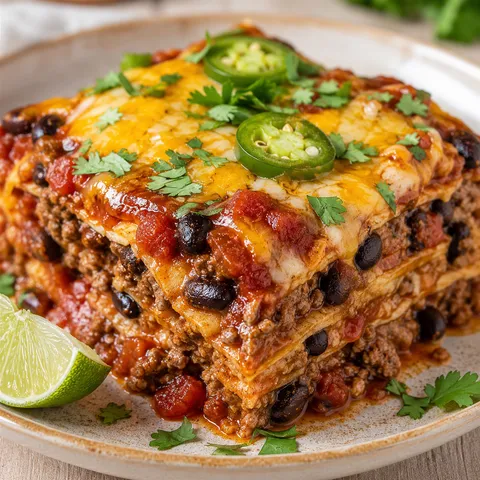 Spicy Mexican Casserole with melted cheese, cilantro, and jalapeno