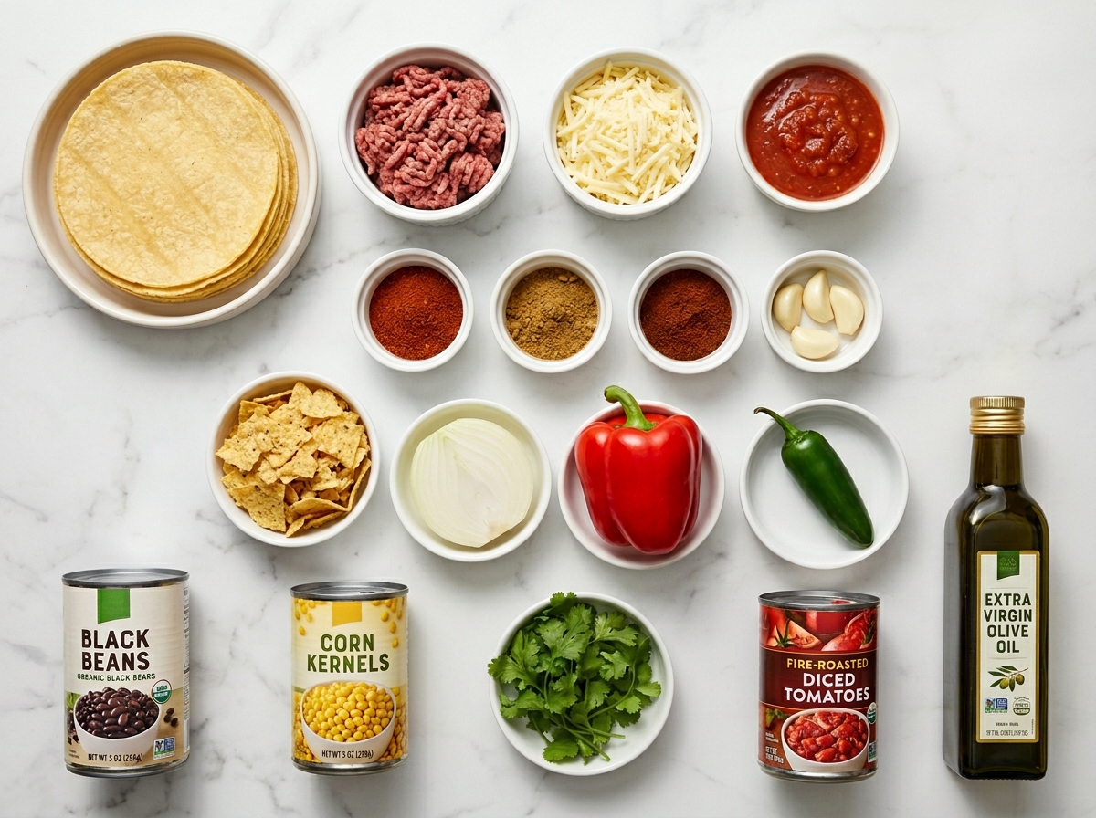 Ingredients for Spicy Mexican Casserole with beef, tortillas, beans, and cheese