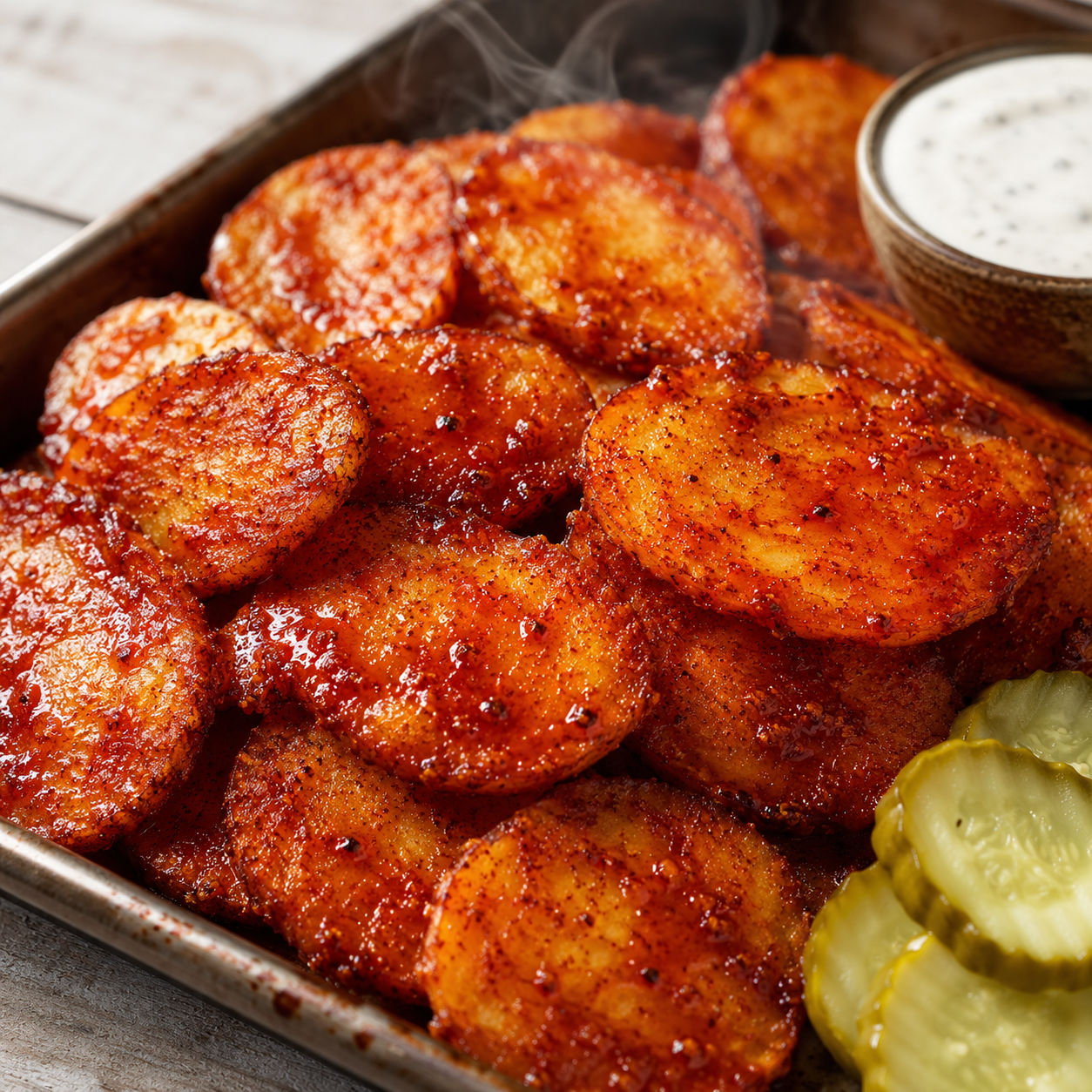 Crispy Nashville hot potato slices coated in spicy cayenne sauce with ranch and pickles