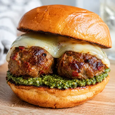 Spicy nduja meatball slider with arugula pesto and melted provolone on a toasted bun