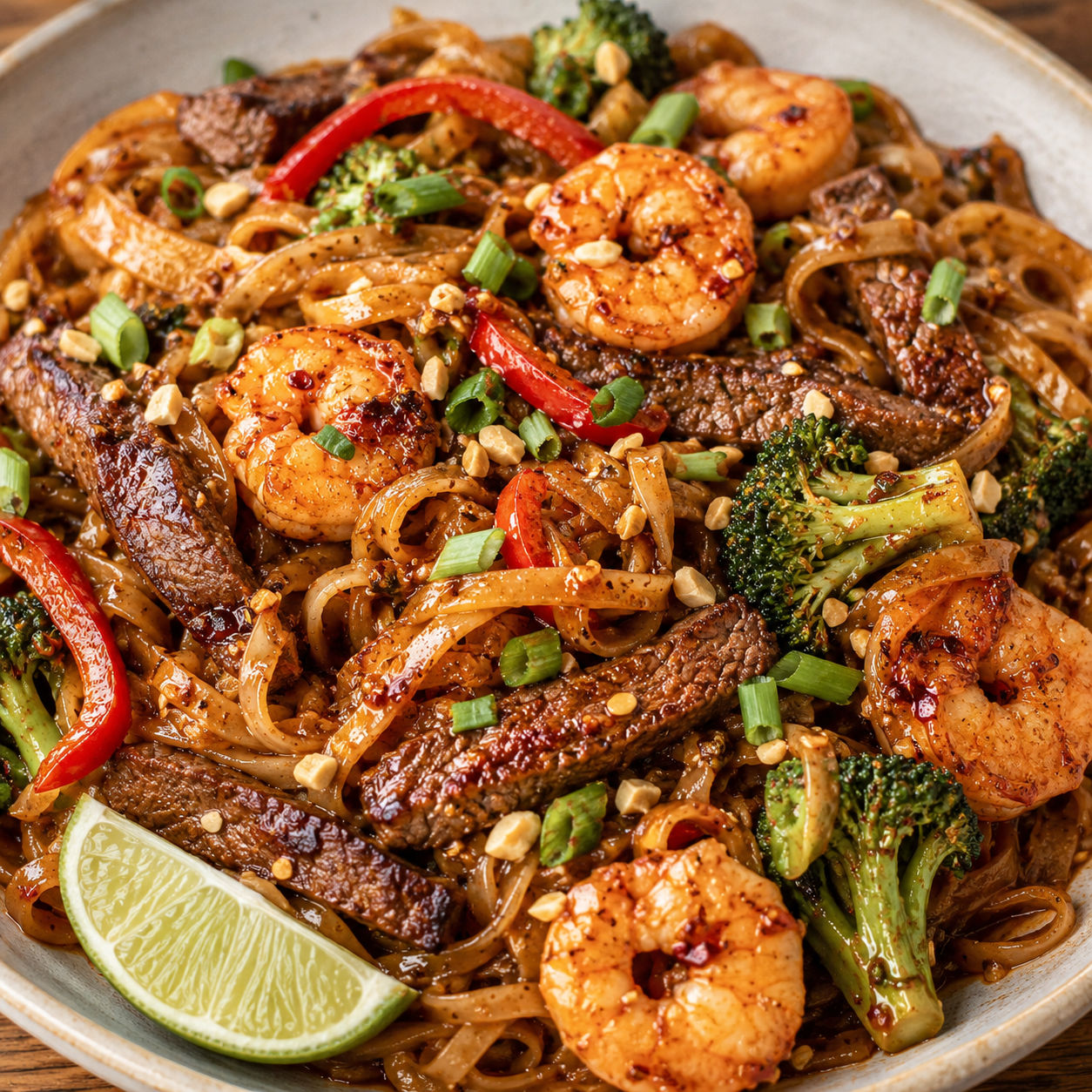 Spicy peanut chili oil noodles with steak, shrimp, peanuts, and lime