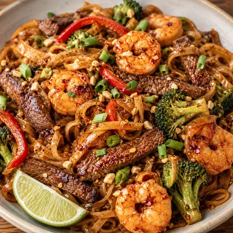 Spicy peanut chili oil noodles with steak, shrimp, peanuts, and lime