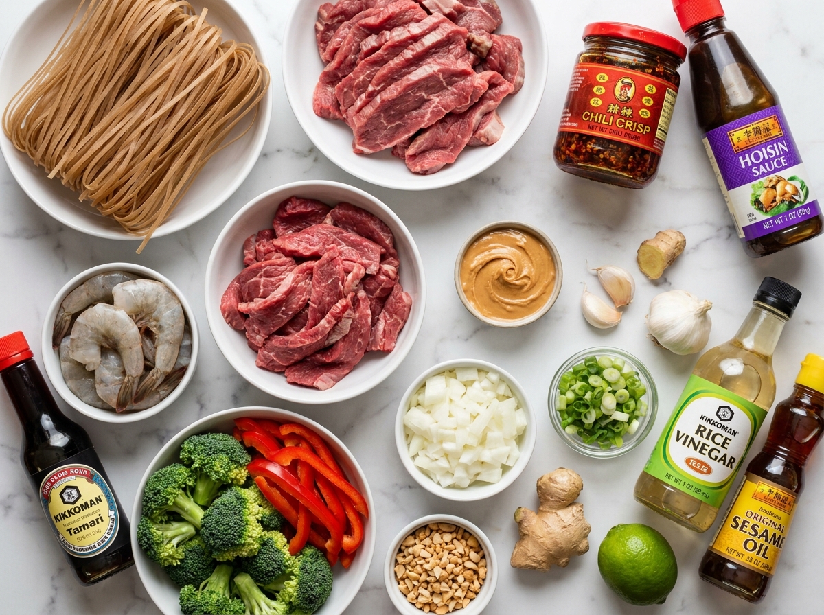Ingredients for peanut chili noodles with steak, shrimp, vegetables, and sauces