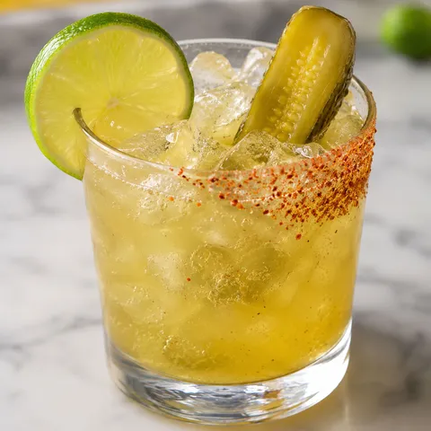 Spicy pickle margarita in a rocks glass with Tajín rim, pickle spear, and lime wheel