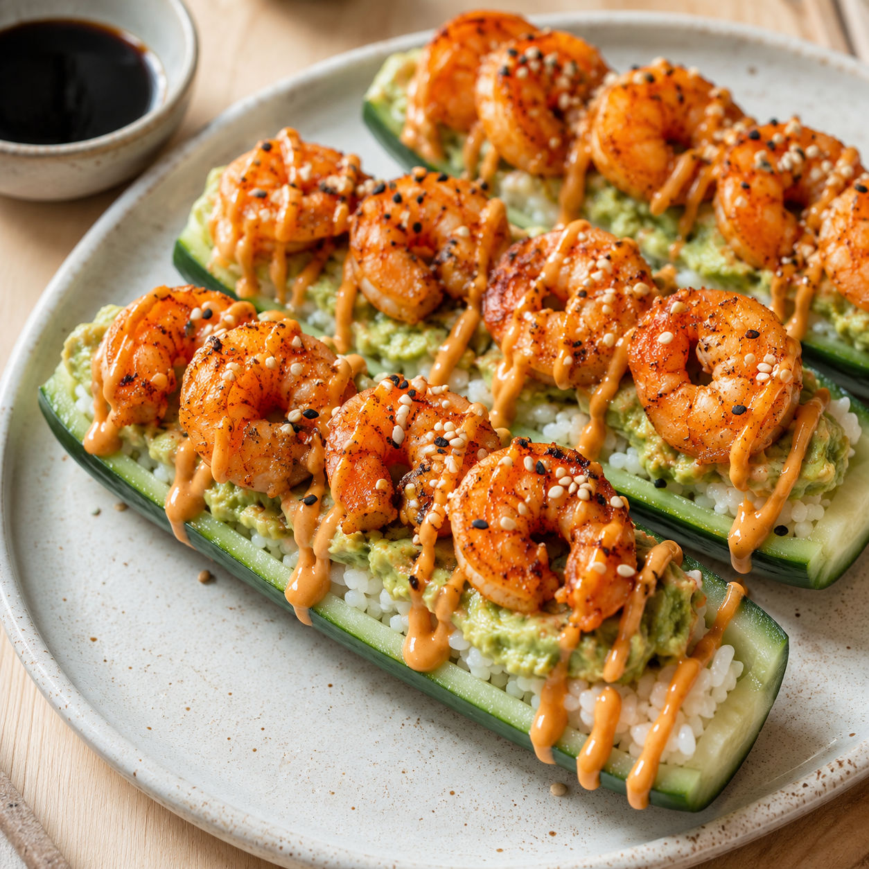 Spicy shrimp cucumber boats with avocado, sushi rice, and sesame seeds