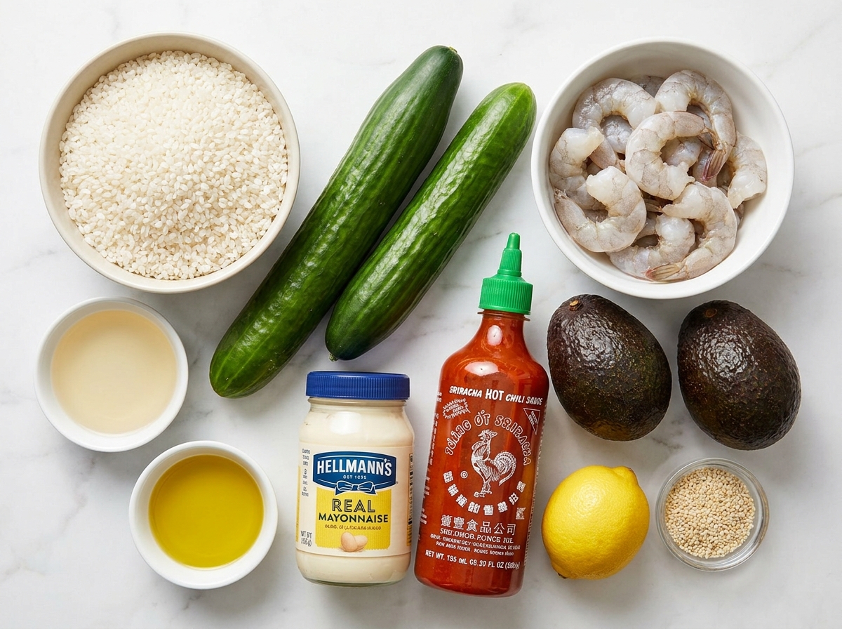 Raw ingredients for spicy shrimp cucumber boats on a wooden surface