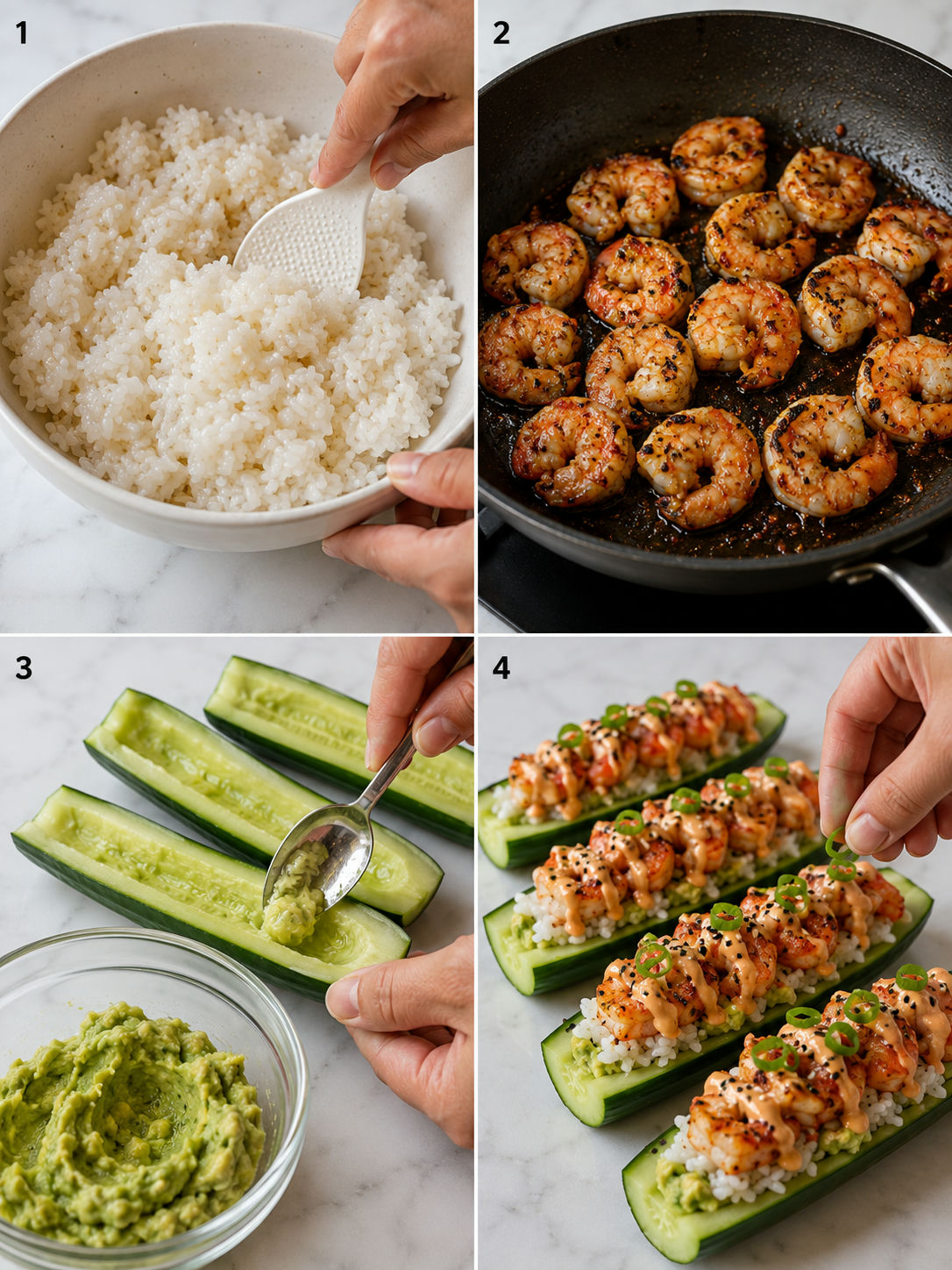 Steps for making spicy shrimp cucumber sushi boats