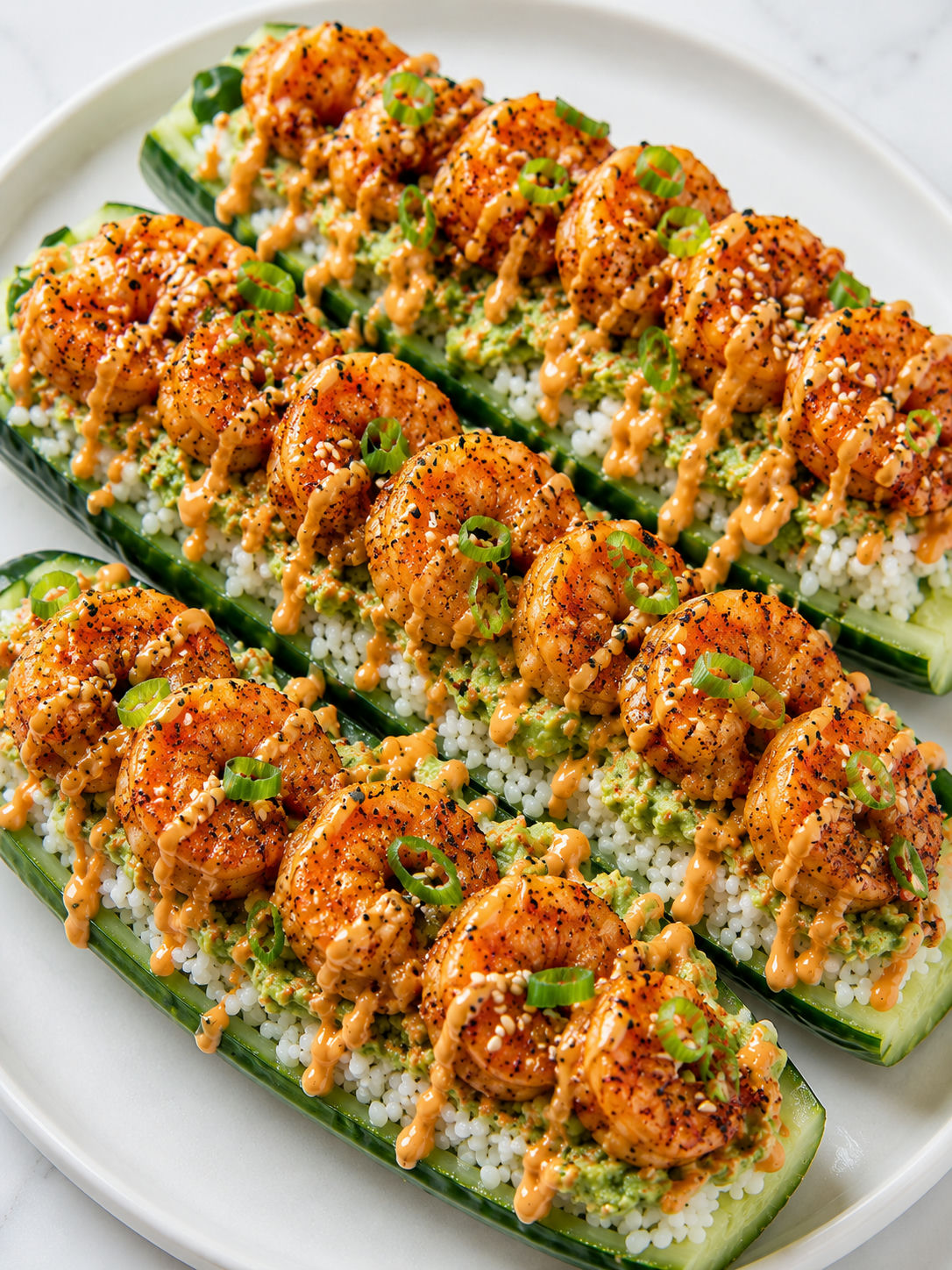 Spicy shrimp cucumber sushi boats with sriracha mayo and scallions