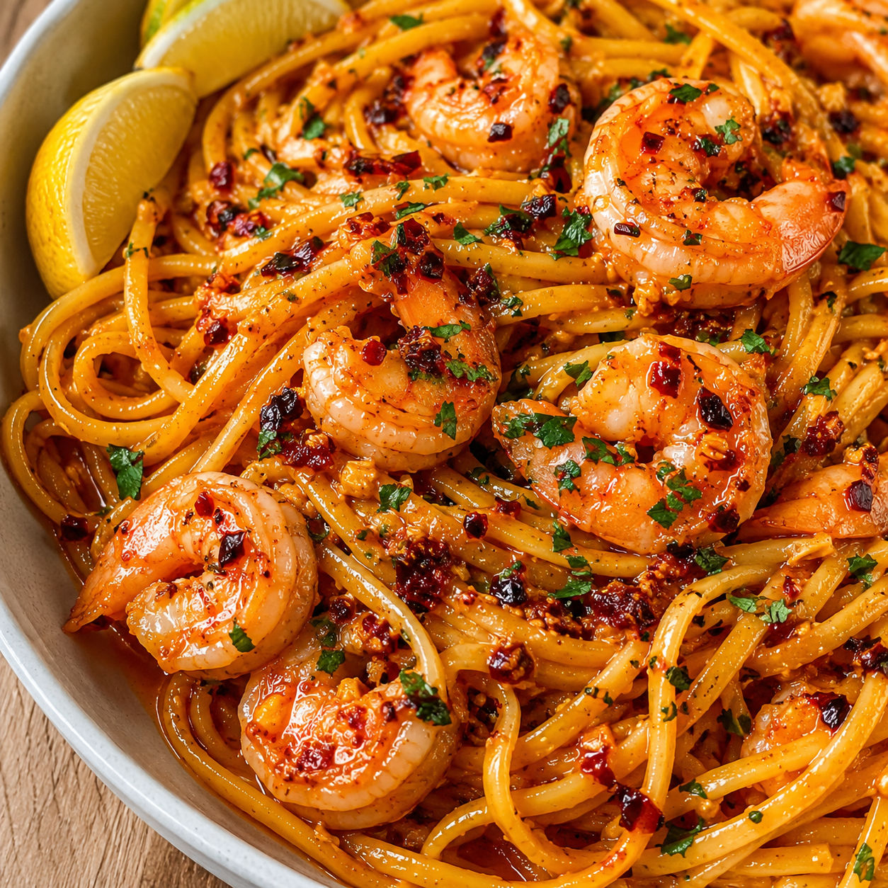 Spicy gochujang shrimp scampi with chili crisp and parsley