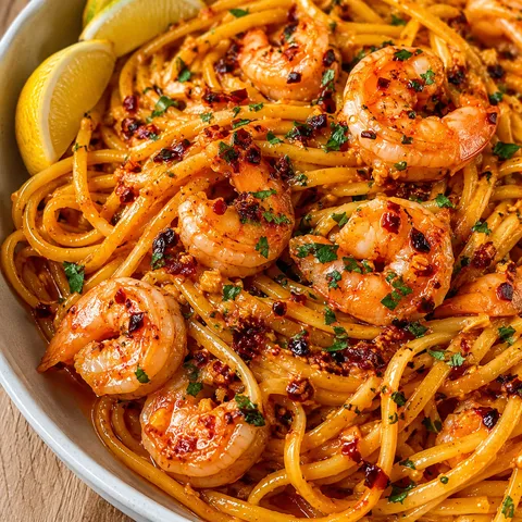 Spicy gochujang shrimp scampi with chili crisp and parsley