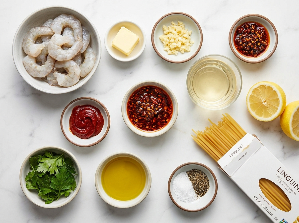 Raw shrimp, linguine, gochujang, chili crisp, lemon, garlic, and parsley