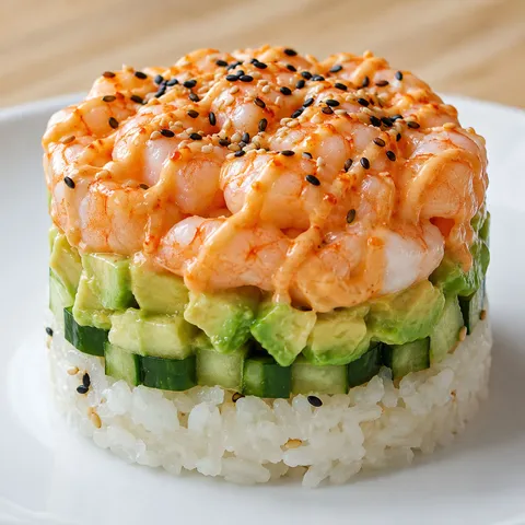 Spicy shrimp sushi stack with avocado, cucumber, and spicy mayo drizzle